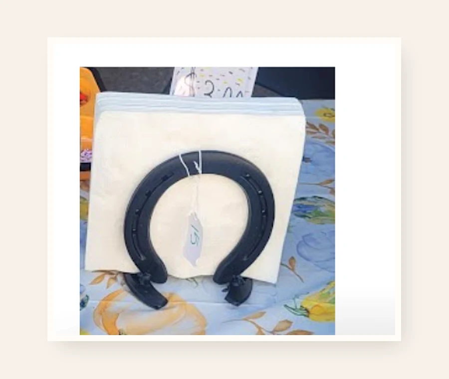 Napkin Holder, handmade welded horseshoe art by Addison at Rusty Spur Ranch in Arizona